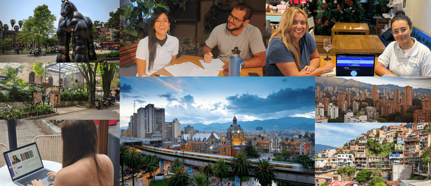 OlaLingo illustration showing teachers in class and part of Medellin Colombia